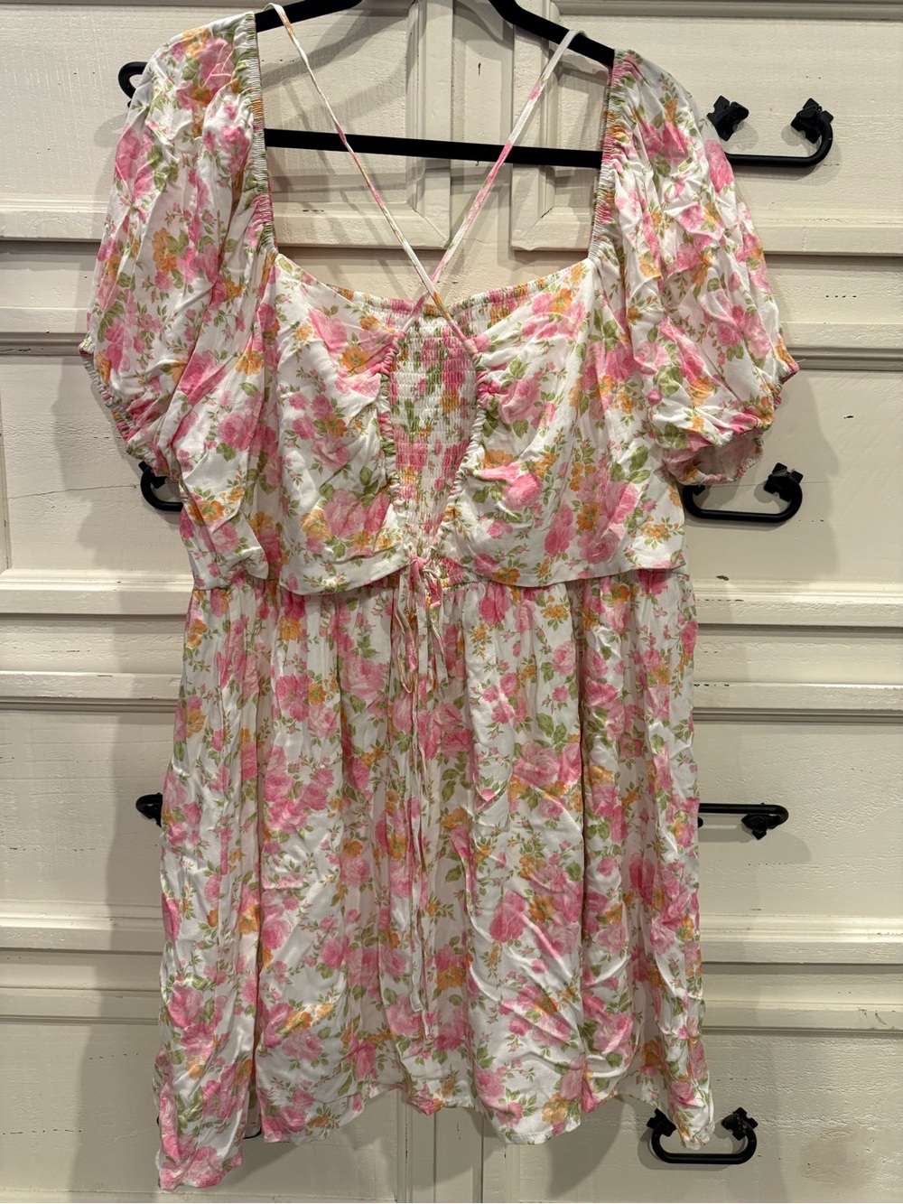ARULA White Floral Smocked Sundress with Pink & Green Print
